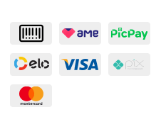 Formas de pagamento: Boleto, AME, PicPay, Elo, VISA, PIX e MasterCard